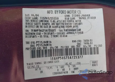 2005 Ford Taurus Sel из США, поврежденный, VIN 1FAHP56S75A125377